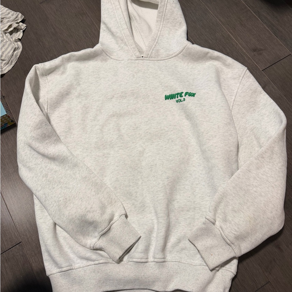 White Fox Boutique Cream Hoodie with Green Logo XXS/XS EUC